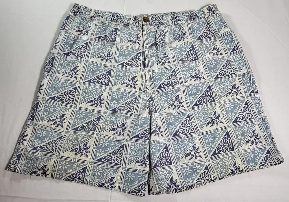 Vintage L.L.Bean Mens Cotton Shorts Blue White Batik Geometric Print Button Zip